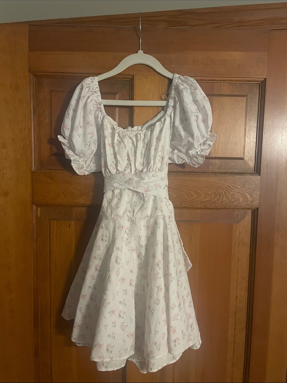 Rare Editions White Dress with Pink Floral Print and Puff Sleeves